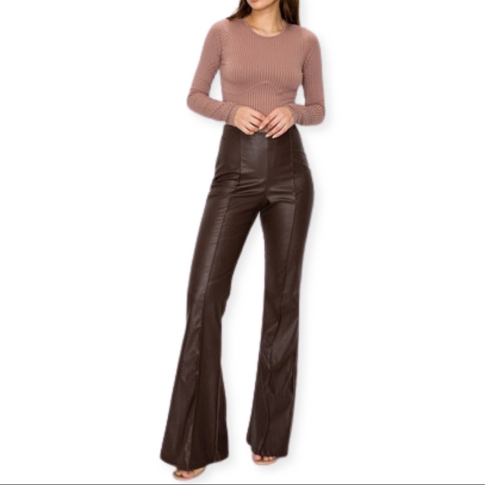 High-Rise Faux Leather Bootcut Pants - Brown